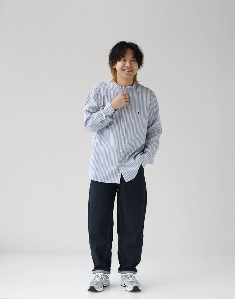 Gymphlex/バンドカラー長袖シャツ STRIPE MENを使ったコーディネート