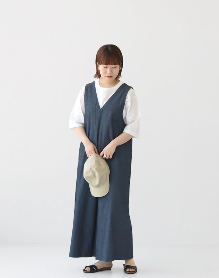 PRIT/綿麻ストレッチ Vネックオールインワンを使ったコーディネート