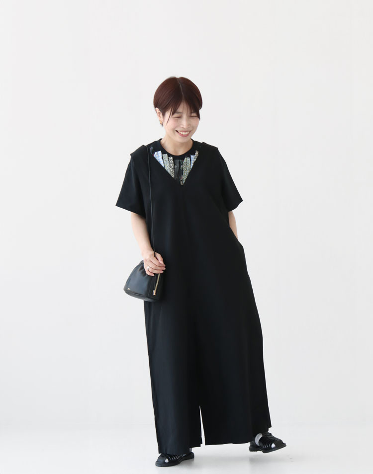 PRIT/綿麻ストレッチ Vネックオールインワンを使ったコーディネート
