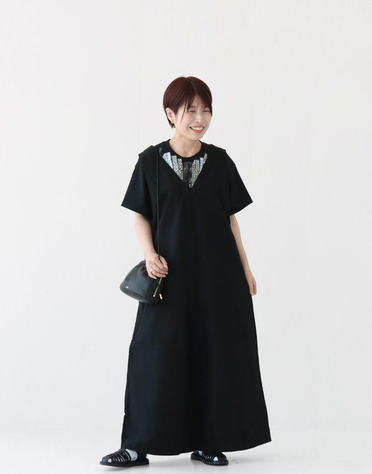 PRIT/綿麻ストレッチ Vネックオールインワンを使ったコーディネート